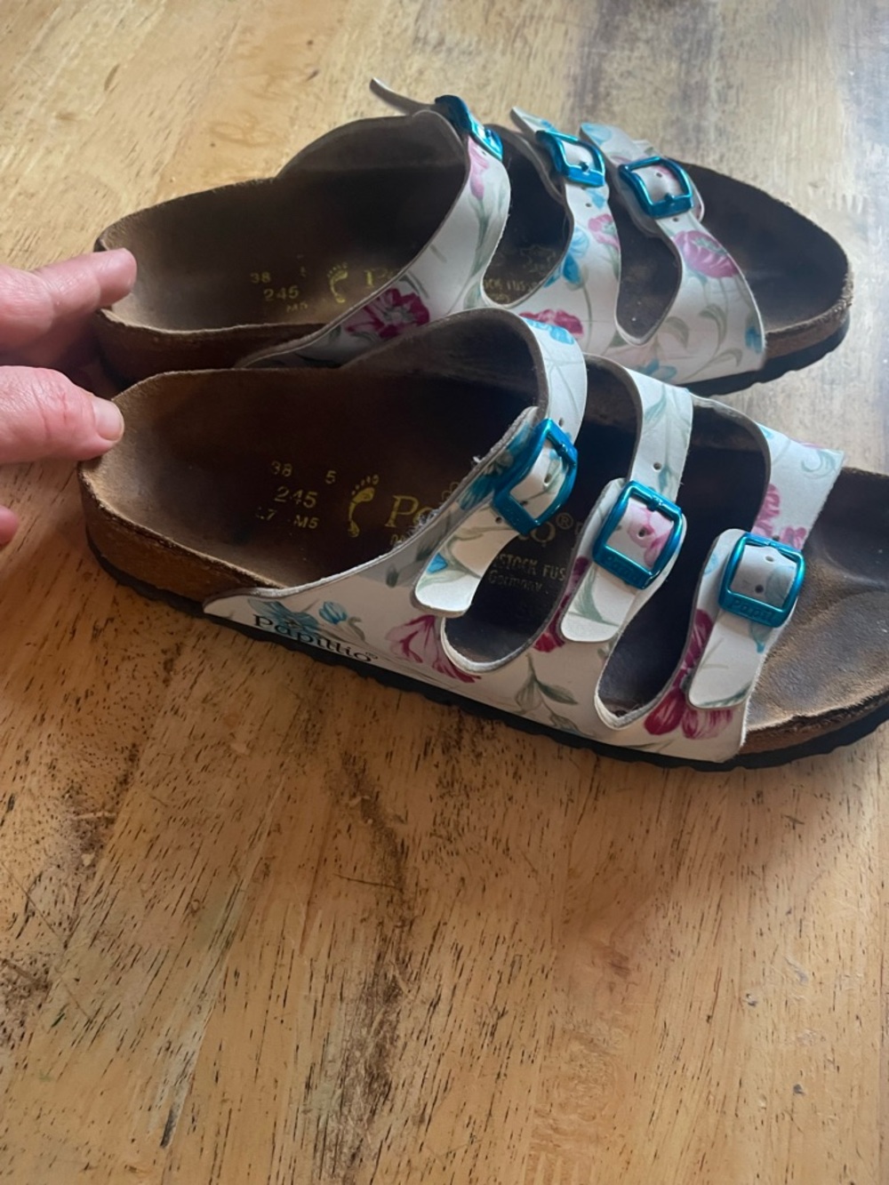 Birkenstock White Floral Triple-Strap Sandals with Teal Buckles
